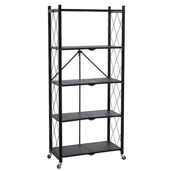 Raft depozitare, metalic, pliabil, pe roti, 5 polite, negru, 50 kg, 72x34x163 cm 