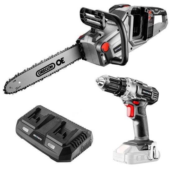 Drujba electrica, 2x18V Li-ion, cu 2 acumulatori 4 Ah, incarcator dublu, fara perii, 35 cm + CADOU Masina de gaurit, Graphite Energy