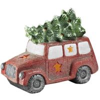 Decoratiune Craciun, ceramica, masina cu bradulet, LED, 3xAAA, 35x19x29 cm