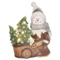 Decoratiune Craciun, ceramica, om de zapada cu carucior si braduleti, LED, 3xAA, 35x24x43 cm