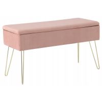 Banca pentru dormitor cu spatiu de depozitare, picioare metal, catifea, roz, 75x30x40 cm