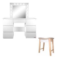Masa de toaleta/machiaj + Taburet Vintage, alba, cu oglinda si LED-uri, Vanessa, 130x43x143 cm