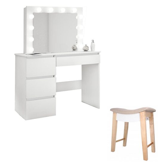 Masa de toaleta/machiaj + Taburet Vintage, alba, cu oglinda si LED-uri, Irina, 94x43x141 cm
