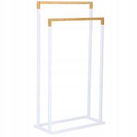 Suport pentru prosoape de baie, metalic + bambus, 2 brate, alb, 45x21.5x84 cm, Springos