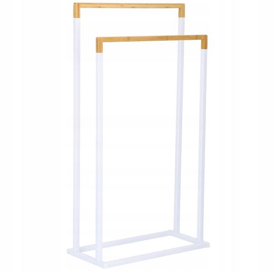 Suport pentru prosoape de baie, metalic + bambus, 2 brate, alb, 45x21.5x84 cm, Springos