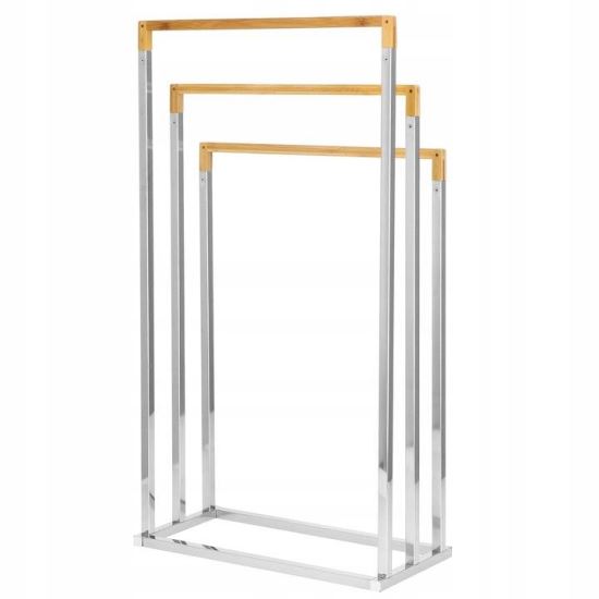 Suport pentru prosoape de baie, metalic + bambus, 3 brate, argintiu, 45x21.5x84 cm, Springos