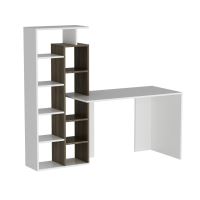 Birou cu biblioteca, pal melaminat, 10 rafturi, alb si maro, 162x60x148 cm, Poly, Minar