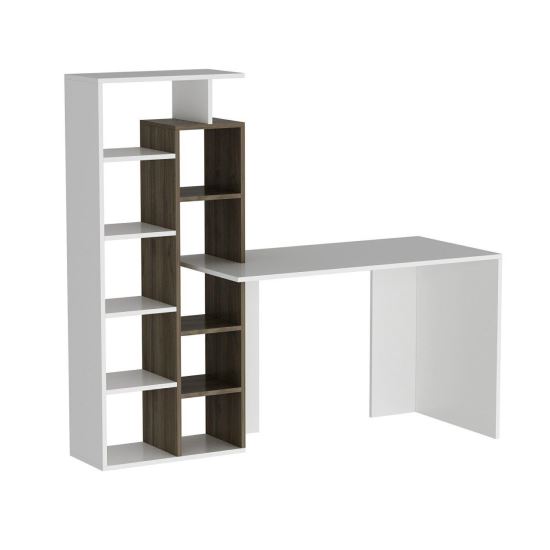 Birou cu biblioteca, pal melaminat, 10 rafturi, alb si maro, 162x60x148 cm, Poly, Minar