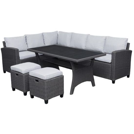Set mobilier gradina/terasa, poliratan, grafit si gri, 1 masa, 2 tabureti, 2 canapele, Bianca